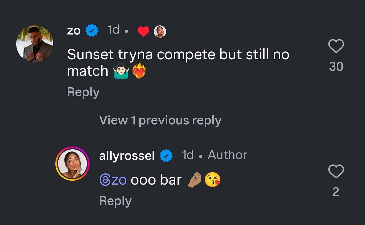 Ally Rossel and Ball’s interaction on her Instagram post.